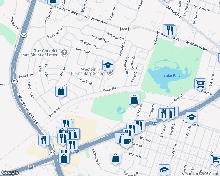 map of restaurants, bars, coffee shops, grocery stores, and more near 3216 Keller Road in Temple