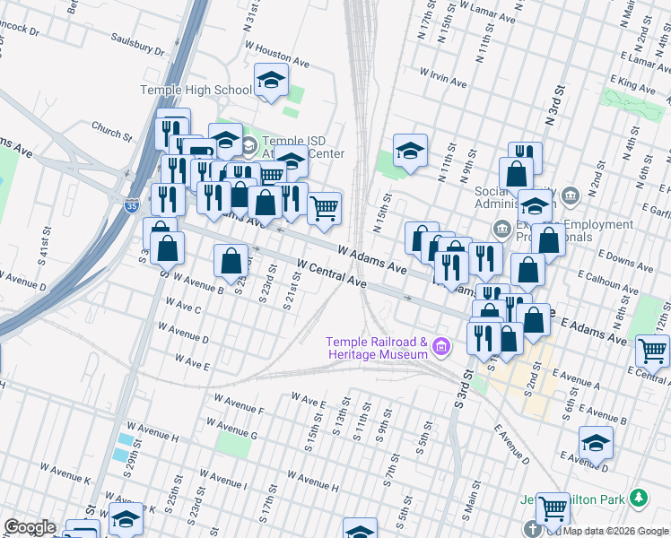 map of restaurants, bars, coffee shops, grocery stores, and more near 916 West Central Avenue in Temple