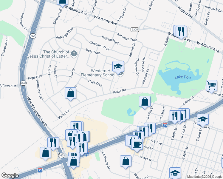 map of restaurants, bars, coffee shops, grocery stores, and more near 711 Apache Drive in Temple