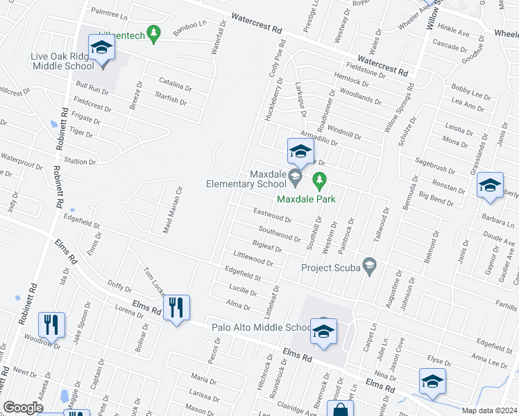 map of restaurants, bars, coffee shops, grocery stores, and more near 2705 Eastwood Drive in Killeen