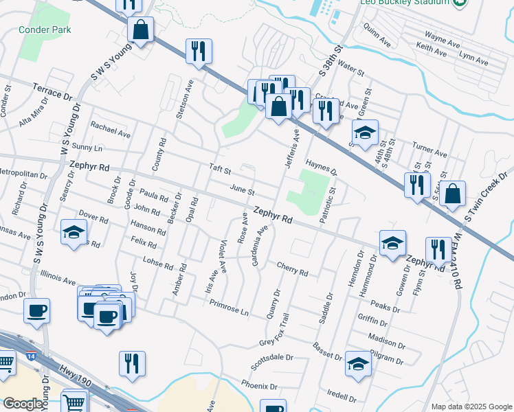map of restaurants, bars, coffee shops, grocery stores, and more near 3105 Zephyr Road in Killeen