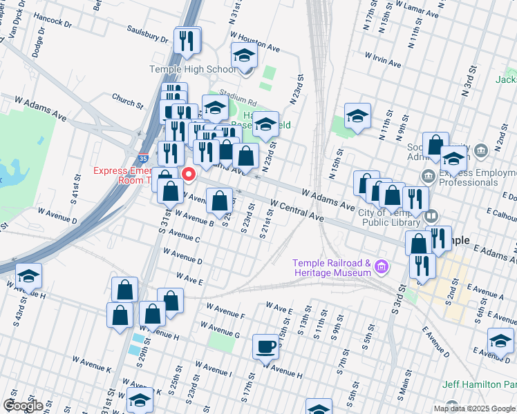 map of restaurants, bars, coffee shops, grocery stores, and more near 7 South 23rd Street in Temple