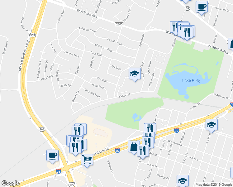 map of restaurants, bars, coffee shops, grocery stores, and more near 711 Apache Drive in Temple