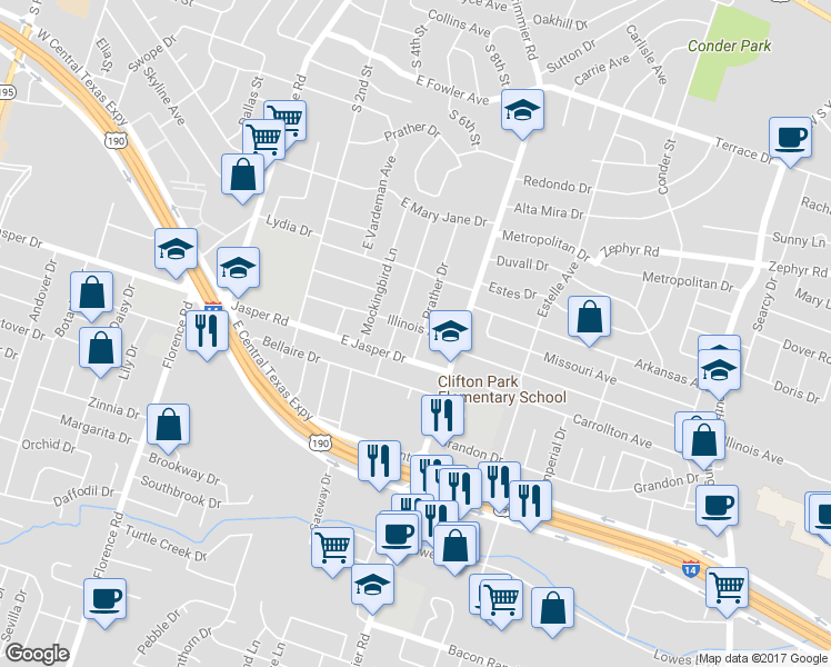 map of restaurants, bars, coffee shops, grocery stores, and more near 2001 Prather Drive in Killeen