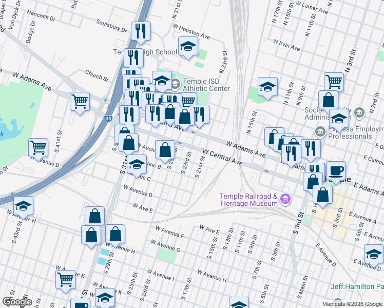 map of restaurants, bars, coffee shops, grocery stores, and more near 7 South 23rd Street in Temple