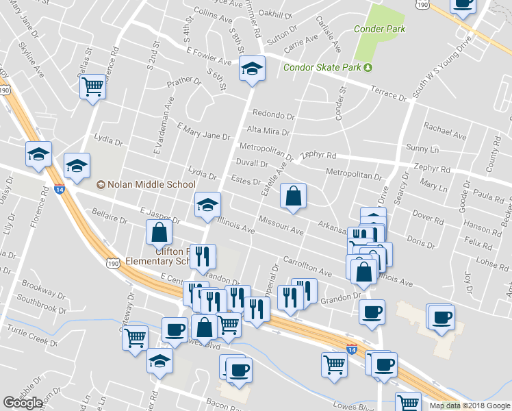map of restaurants, bars, coffee shops, grocery stores, and more near 1204 Arkansas Avenue in Killeen