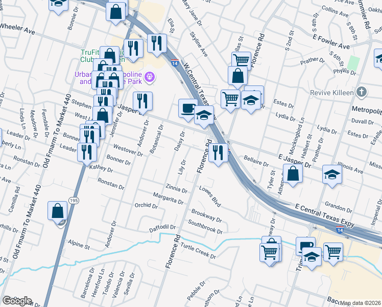 map of restaurants, bars, coffee shops, grocery stores, and more near 2204 Lily Drive in Killeen