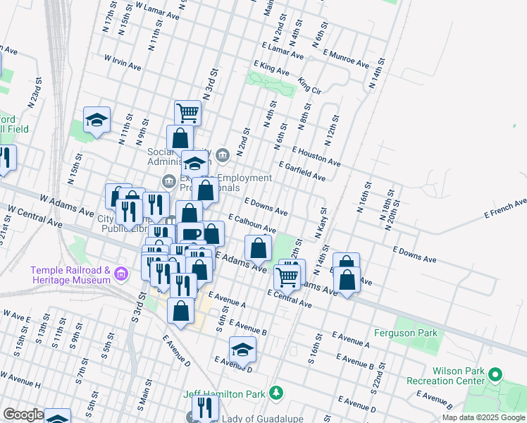 map of restaurants, bars, coffee shops, grocery stores, and more near 307 West Downs Avenue in Temple
