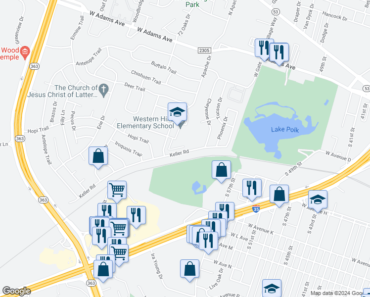 map of restaurants, bars, coffee shops, grocery stores, and more near 3210 Keller Road in Temple