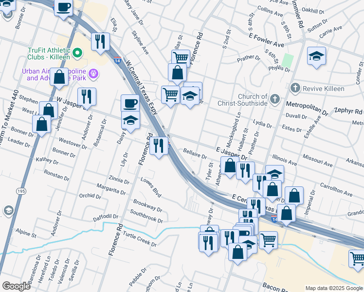 map of restaurants, bars, coffee shops, grocery stores, and more near 503 Bellaire Drive in Killeen