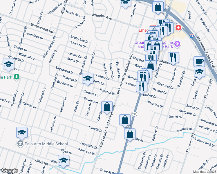 map of restaurants, bars, coffee shops, grocery stores, and more near 1608 Linda Lane in Killeen