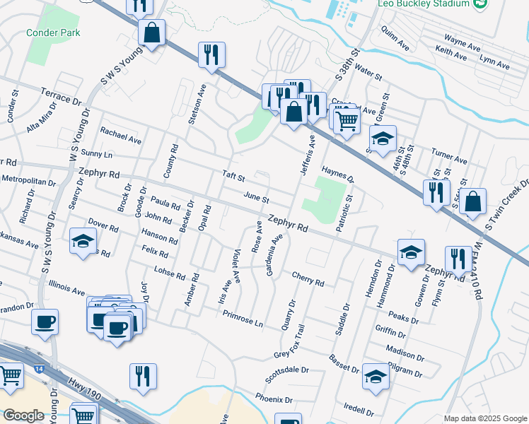 map of restaurants, bars, coffee shops, grocery stores, and more near 3101 Zephyr Road in Killeen