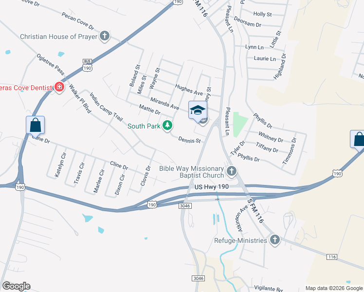map of restaurants, bars, coffee shops, grocery stores, and more near 2404 Crystal Circle in Copperas Cove
