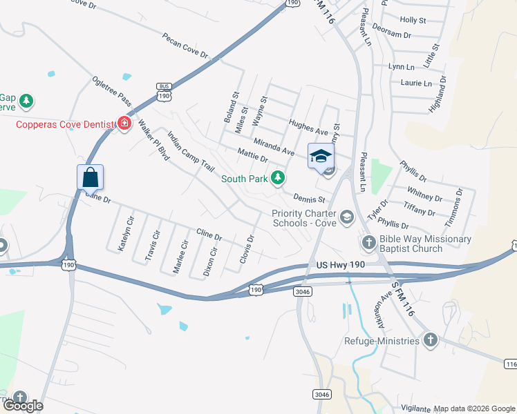 map of restaurants, bars, coffee shops, grocery stores, and more near 1520 Indian Camp Trail in Copperas Cove