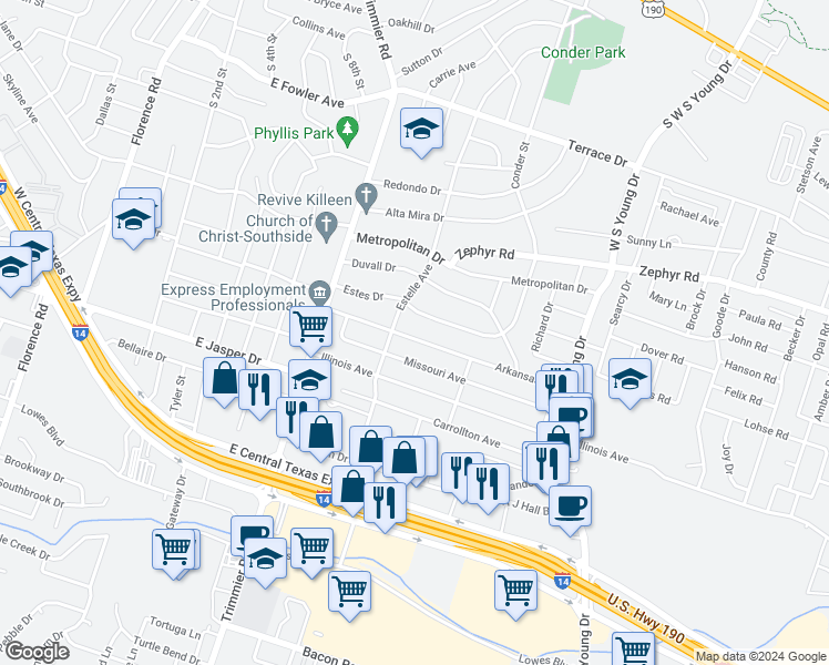 map of restaurants, bars, coffee shops, grocery stores, and more near 1307 Arkansas Avenue in Killeen