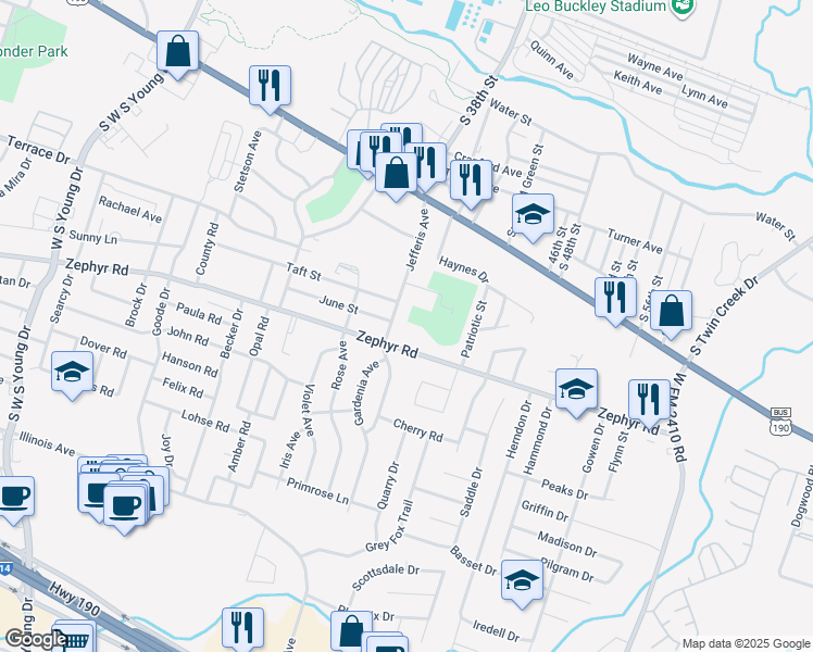 map of restaurants, bars, coffee shops, grocery stores, and more near 1106 Jefferis Avenue in Killeen