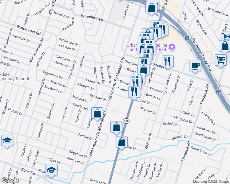 map of restaurants, bars, coffee shops, grocery stores, and more near 1311 Kathey Drive in Killeen
