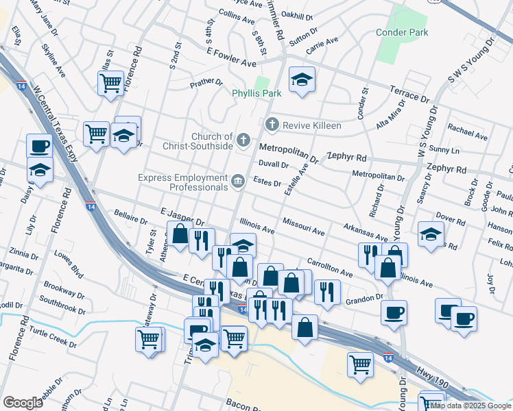 map of restaurants, bars, coffee shops, grocery stores, and more near 1101 Missouri Avenue in Killeen