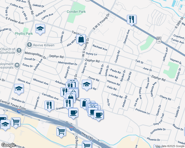 map of restaurants, bars, coffee shops, grocery stores, and more near 2312 John Road in Killeen