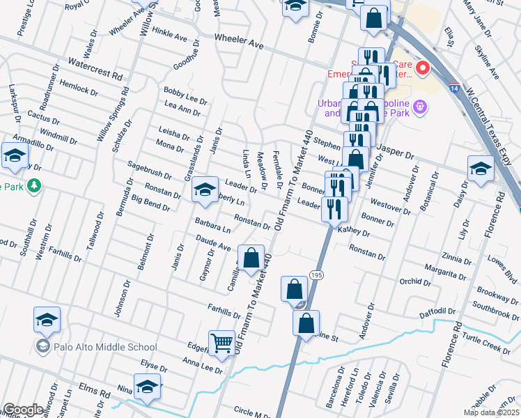 map of restaurants, bars, coffee shops, grocery stores, and more near 1608 Linda Lane in Killeen