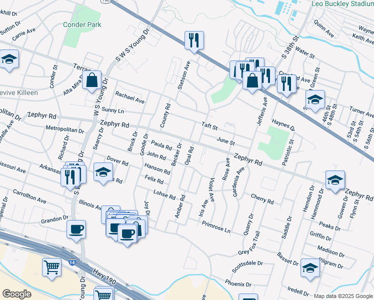 map of restaurants, bars, coffee shops, grocery stores, and more near 1309 Opal Road in Killeen