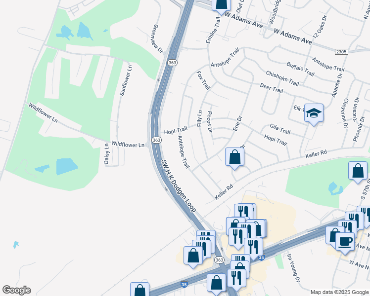 map of restaurants, bars, coffee shops, grocery stores, and more near 4600 Southwest H K Dodgen Loop in Temple