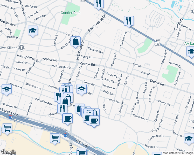 map of restaurants, bars, coffee shops, grocery stores, and more near 2401 John Road in Killeen