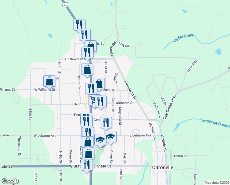 map of restaurants, bars, coffee shops, grocery stores, and more near 8095 East Williams Street in Citronelle