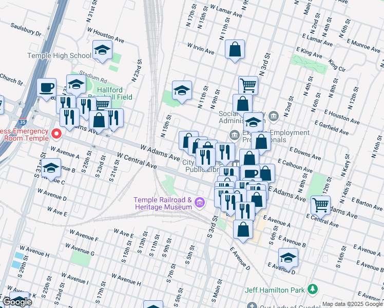 map of restaurants, bars, coffee shops, grocery stores, and more near 112 North 9th Street in Temple