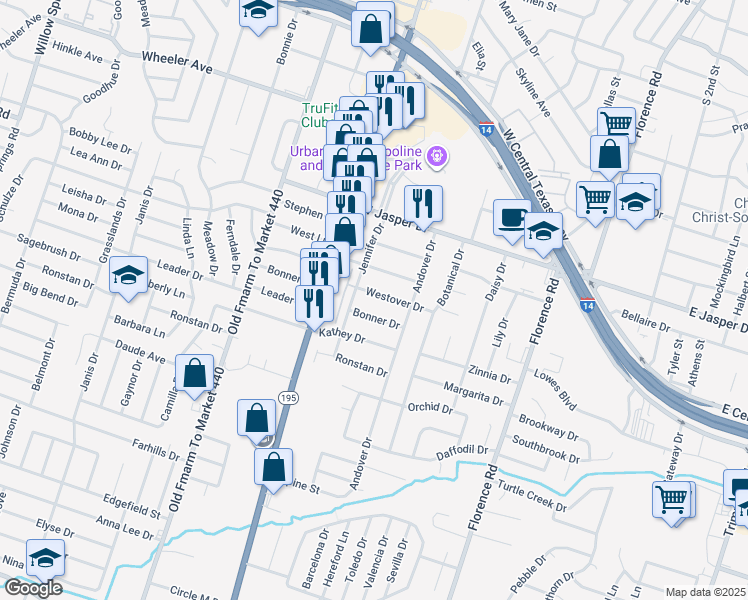 map of restaurants, bars, coffee shops, grocery stores, and more near 1012 Westover Drive in Killeen
