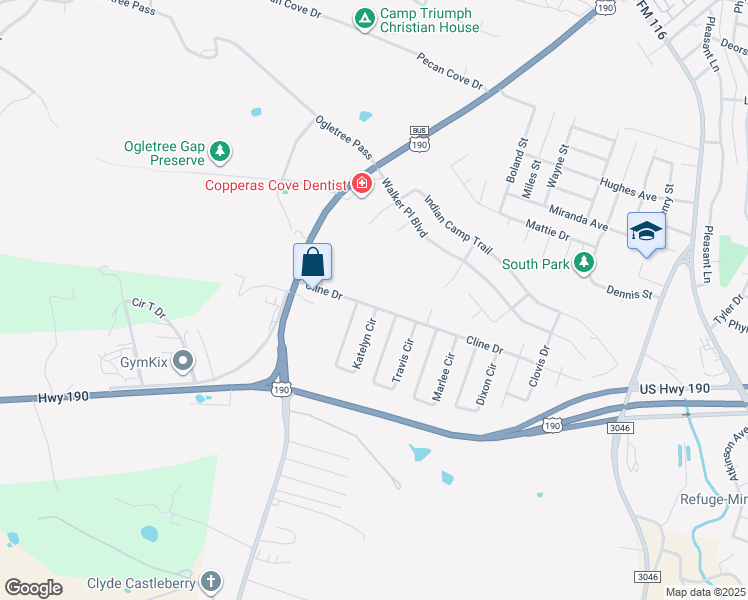map of restaurants, bars, coffee shops, grocery stores, and more near 2104 Cline Dr in Copperas Cove