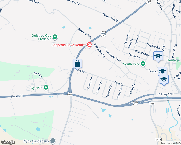 map of restaurants, bars, coffee shops, grocery stores, and more near 2106 Cline Drive in Copperas Cove