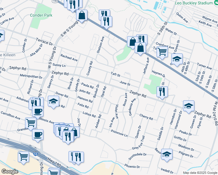 map of restaurants, bars, coffee shops, grocery stores, and more near 2900 Zephyr Road in Killeen