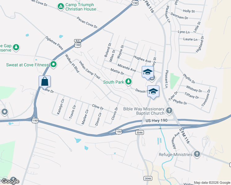 map of restaurants, bars, coffee shops, grocery stores, and more near 1520 Indian Camp Trail in Copperas Cove