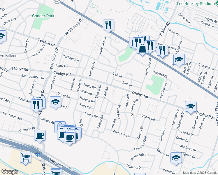 map of restaurants, bars, coffee shops, grocery stores, and more near 2900 Zephyr Road in Killeen