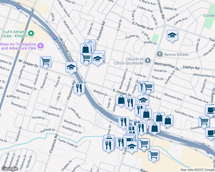 map of restaurants, bars, coffee shops, grocery stores, and more near 2003 Dell Drive in Killeen