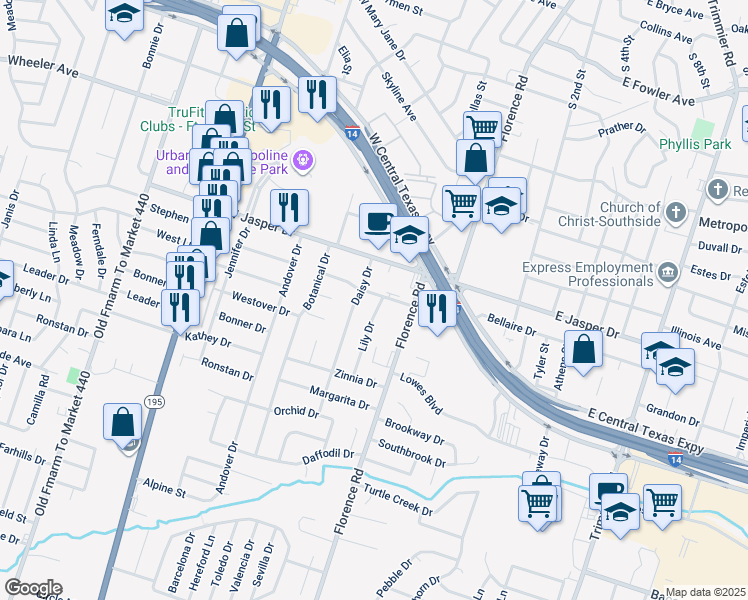 map of restaurants, bars, coffee shops, grocery stores, and more near 2204 Lily Drive in Killeen