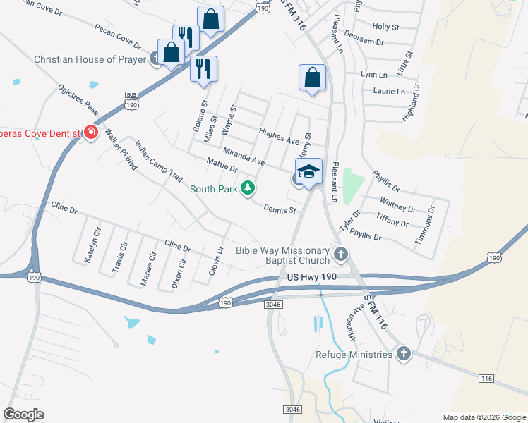 map of restaurants, bars, coffee shops, grocery stores, and more near 2404 Crystal Circle in Copperas Cove