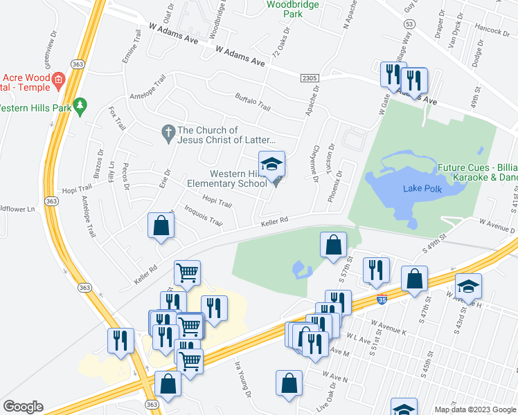 map of restaurants, bars, coffee shops, grocery stores, and more near 705 Apache Drive in Temple