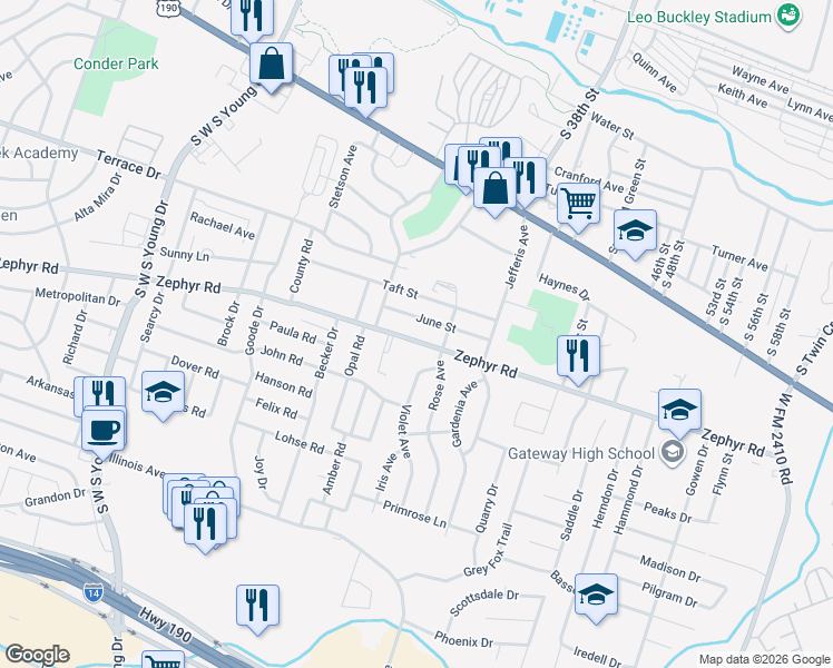 map of restaurants, bars, coffee shops, grocery stores, and more near 3006 Zephyr Road in Killeen