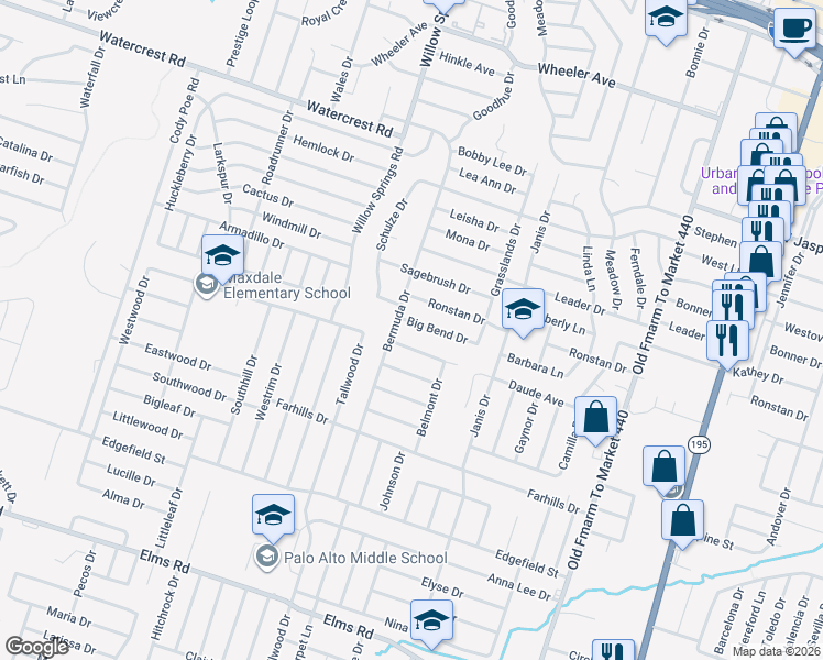 map of restaurants, bars, coffee shops, grocery stores, and more near 1801 Daude Avenue in Killeen