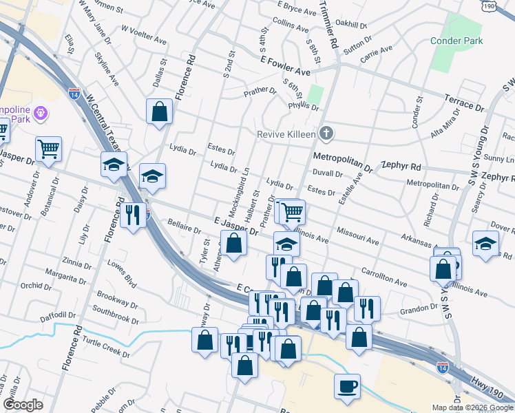 map of restaurants, bars, coffee shops, grocery stores, and more near 2001 Prather Drive in Killeen