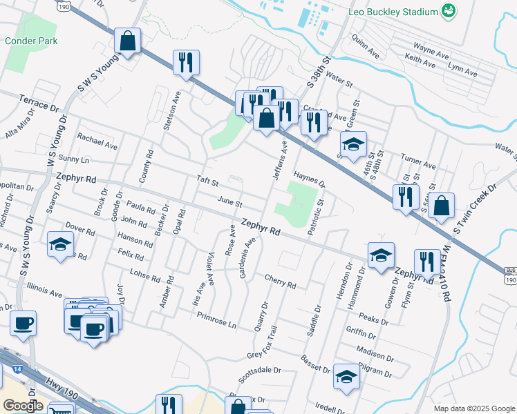 map of restaurants, bars, coffee shops, grocery stores, and more near 1106 Jefferis Avenue in Killeen