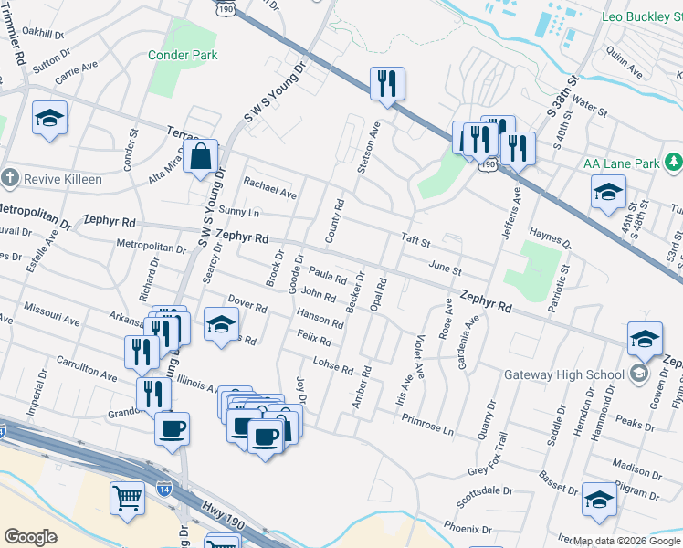 map of restaurants, bars, coffee shops, grocery stores, and more near 2700 Paula Road in Killeen