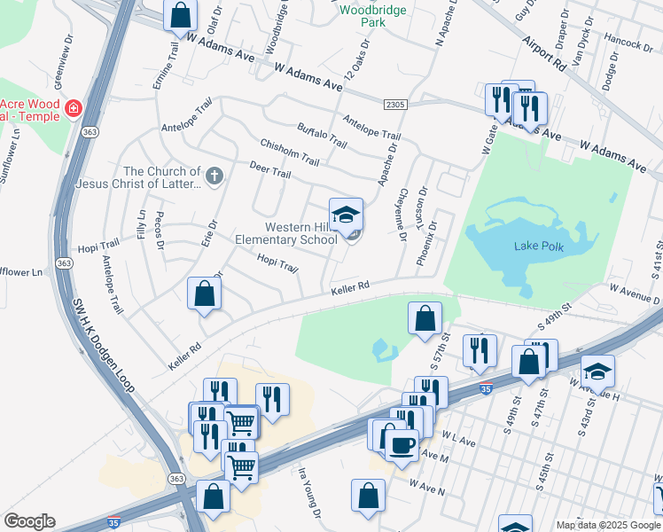 map of restaurants, bars, coffee shops, grocery stores, and more near 703 Apache Drive in Temple