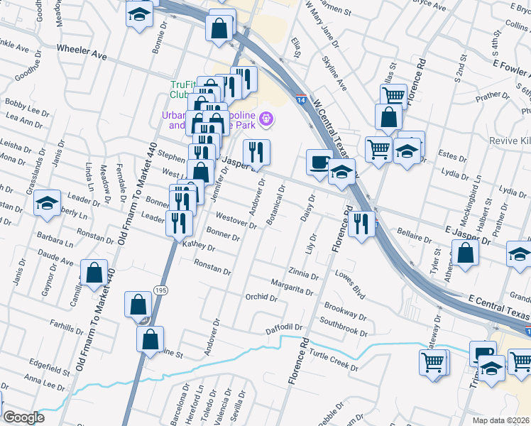 map of restaurants, bars, coffee shops, grocery stores, and more near 2203 Botanical Drive in Killeen