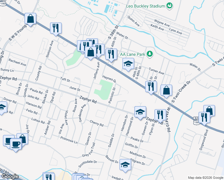 map of restaurants, bars, coffee shops, grocery stores, and more near 1010 Patriotic Street in Killeen