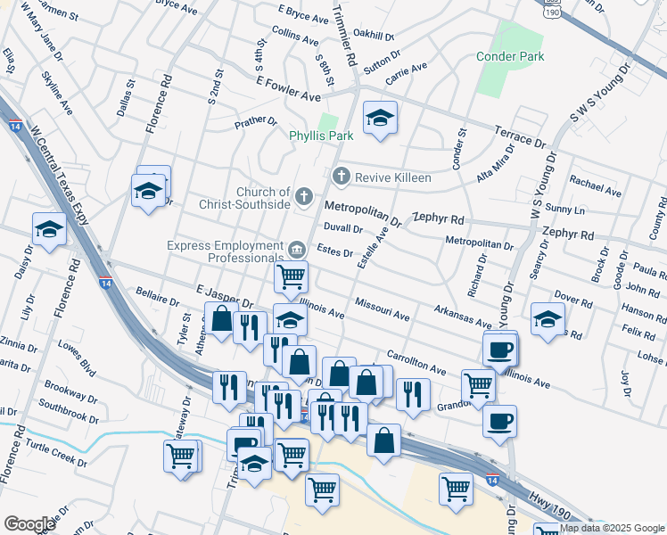 map of restaurants, bars, coffee shops, grocery stores, and more near 1101 Missouri Avenue in Killeen