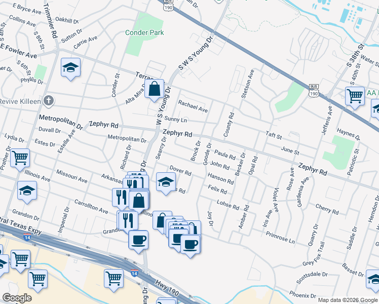 map of restaurants, bars, coffee shops, grocery stores, and more near 2401 John Road in Killeen