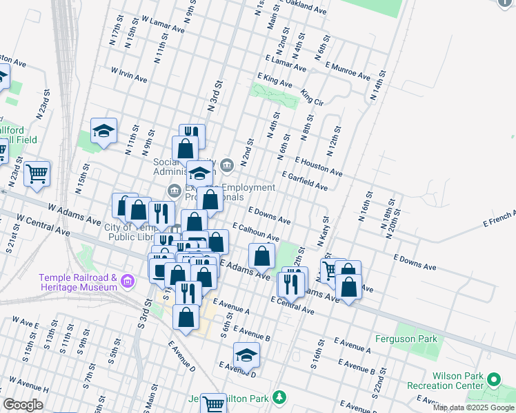 map of restaurants, bars, coffee shops, grocery stores, and more near 307 West Downs Avenue in Temple